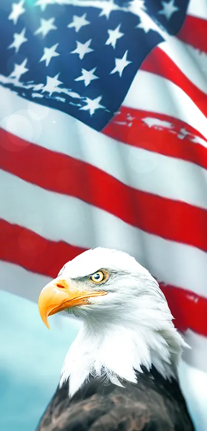 Patriotic mobile wallpaper with bald eagle and American flag.