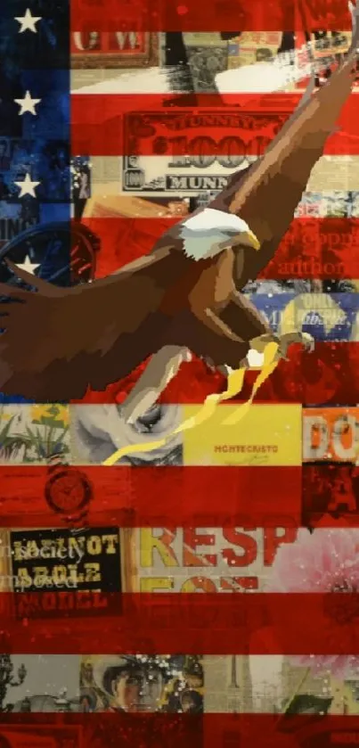 Majestic eagle against American flag-themed collage art.