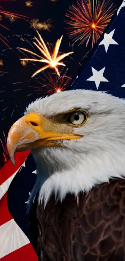 Majestic bald eagle with American flag and fireworks in the background.