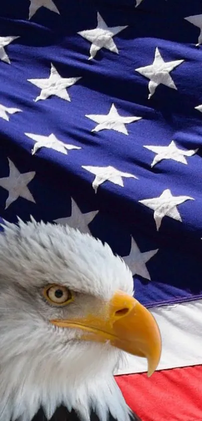 Bald eagle with American flag background, symbolizing patriotism.