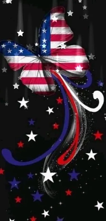 Butterfly with American flag design surrounded by colorful stars.