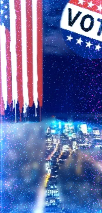 American flag and cityscape with stars at night. Mobile wallpaper design.