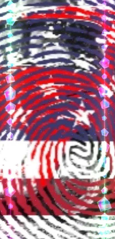 American flag fingerprint with sparkling gems; colorful wallpaper design.
