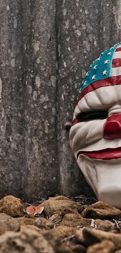 American flag design mask on rustic stone backdrop.