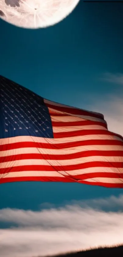 American flag waves under a bright full moon in a night sky.