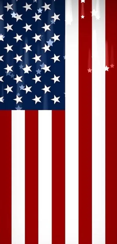 American flag wallpaper with stars and stripes on a mobile screen.