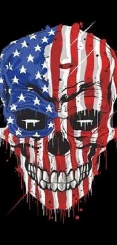 Skull with American flag design on a black background.