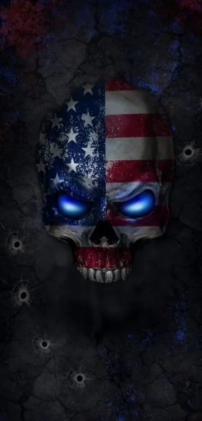 Skull with American flag and glowing blue eyes on dark background.