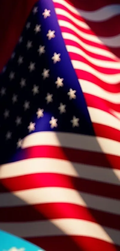 Waving American flag with stars and stripes, featuring vibrant red, white, and blue colors.