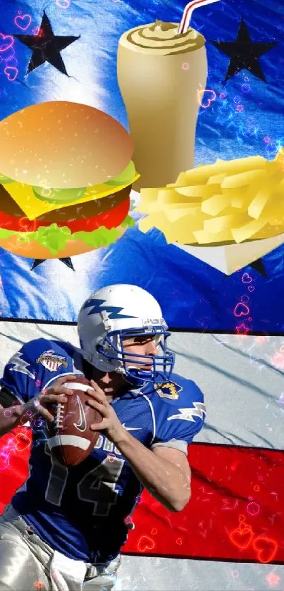 Football player on USA flag with fast food symbols.