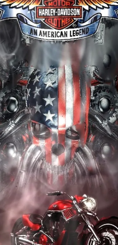 American flag skull with red motorcycle wallpaper.