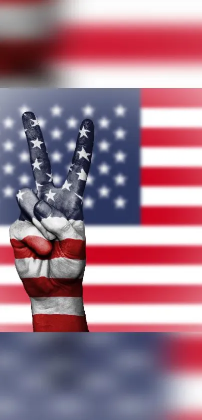 Peace sign hand with American flag colors against a U.S. flag background.