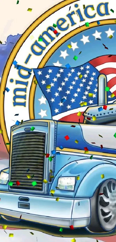 Illustration of a truck with American flag background.