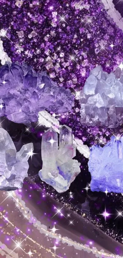 Amethyst crystals with sparkling purple and white accents on mobile wallpaper.