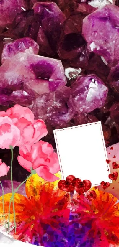 Amethyst and floral design with crystals and vibrant colors in wallpaper.