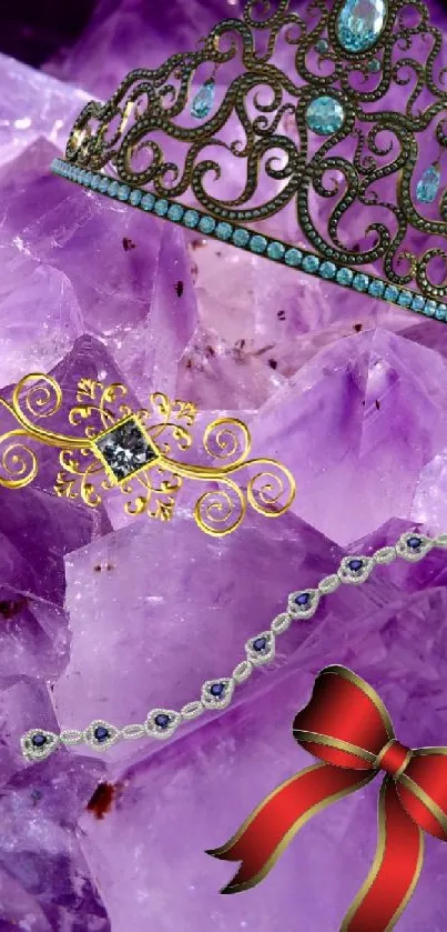 Amethyst crystals with crown and ribbon art.