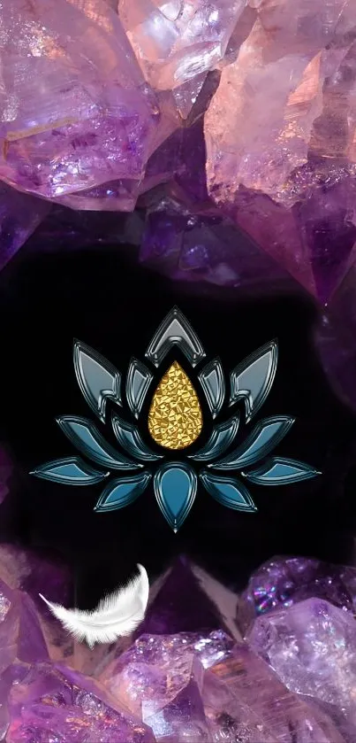 Purple amethyst wallpaper with lotus and feather design.