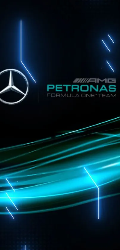 AMG Petronas Formula One team blue and black wallpaper with logo.