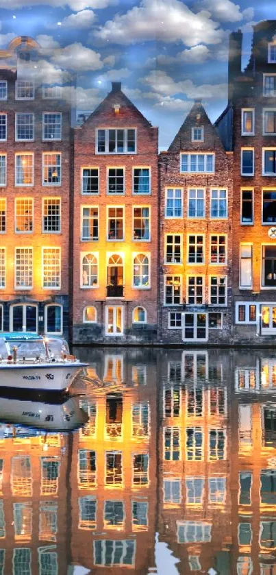 Amsterdam canal with glowing houses and boat reflections at night.