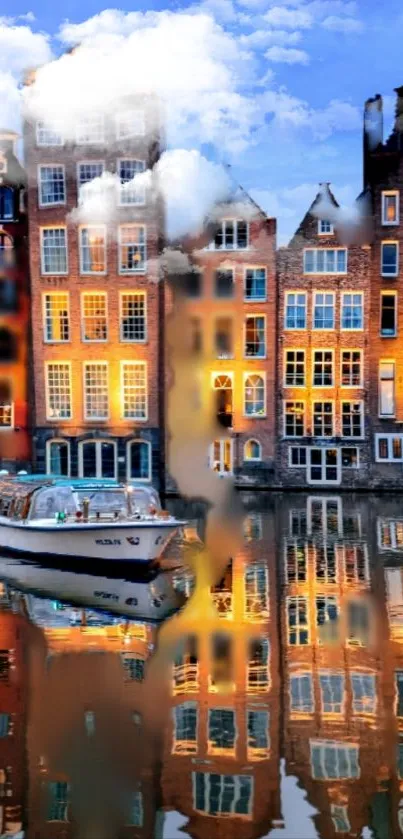 Scenic Amsterdam canal with reflective water and historic houses.