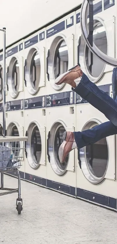 Humorous laundry room scene with person in machine.