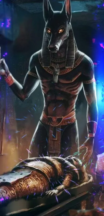 Anubis stands over sarcophagus in dark room.