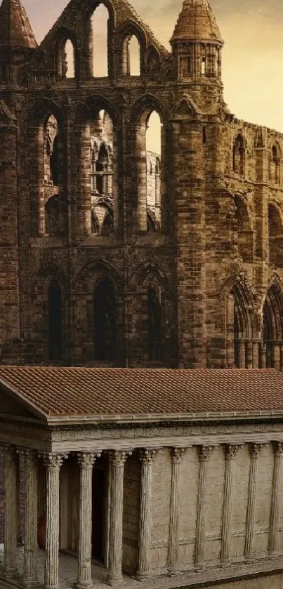 Ancient ruins with gothic architecture under a golden sky.