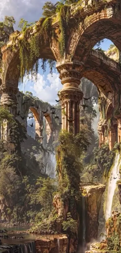 Fantasy landscape with ancient archway and waterfalls.