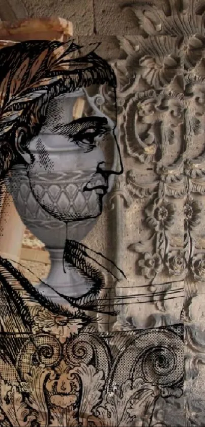 Roman sketch over historical carvings background.