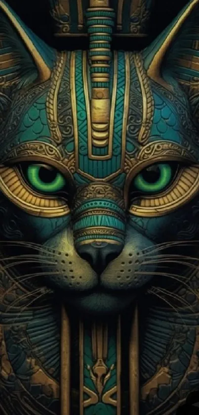 Aztec-inspired cat illustration in teal and gold for mobile wallpaper.