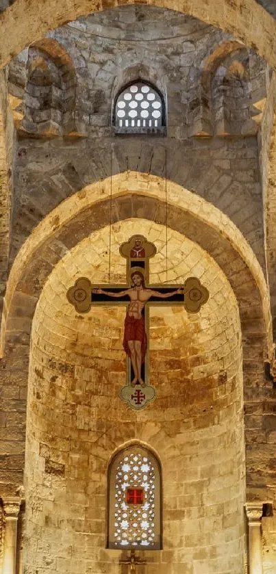 Majestic interior of an ancient cathedral with warm brown arches and columns.