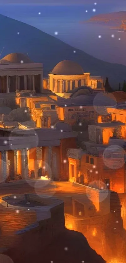 Ancient city illuminated by a golden sunset with stunning architectural details.