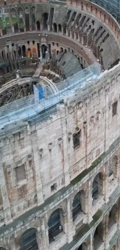 Aerial view of the ancient Colosseum in Rome.