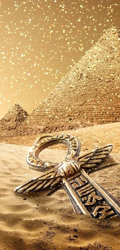 Ancient Egyptian ankh on sand with pyramids in background.