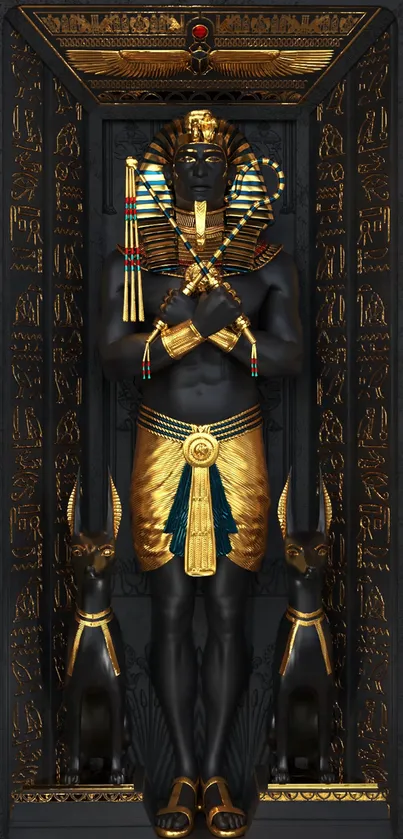 Ancient Egyptian pharaoh statue with hieroglyphs in gold and black accents.