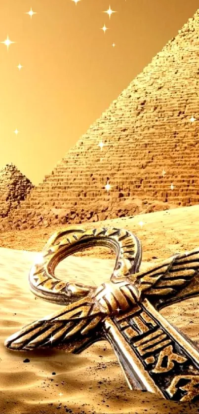 Golden sandy pyramids with an ankh symbol in the foreground.