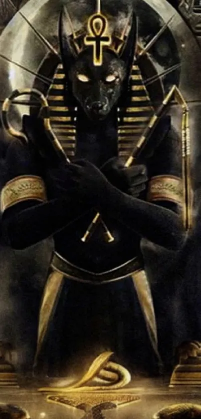 Anubis Egyptian god wallpaper with hieroglyphs and dark theme.