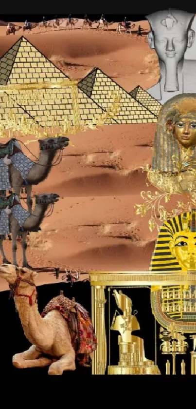 Ancient Egyptian collage with gold pyramids and camels.