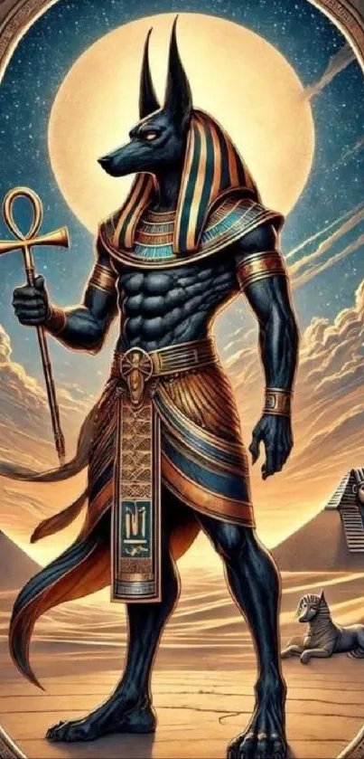 Egyptian god Anubis standing before pyramids and a radiant sky.