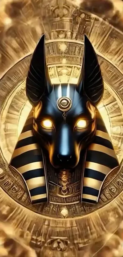 Golden Anubis themed wallpaper with hieroglyphic background.