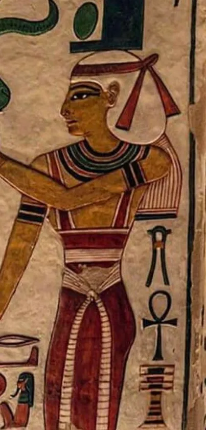 Ancient Egyptian art with vibrant symbols and colors.