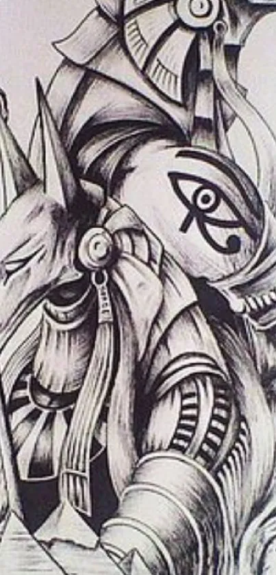 Detailed black and white Egyptian Anubis art on mobile wallpaper.