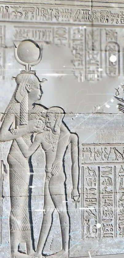 Ancient Egyptian carving with hieroglyphics and deities in beige tones.