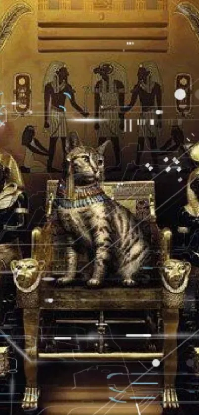 Ancient Egyptian-themed cat throne with gold design.