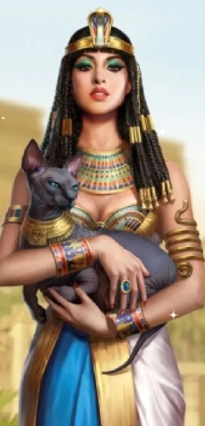 Ancient Egyptian queen holds a cat with pyramids in the backdrop.