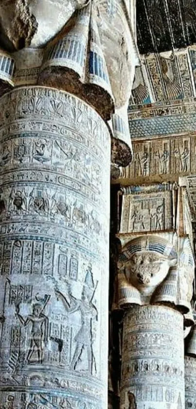 Intricate ancient Egyptian column design in stone gray tones.