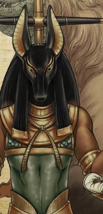 Illustration of Anubis, the ancient Egyptian deity with black and brown tones.