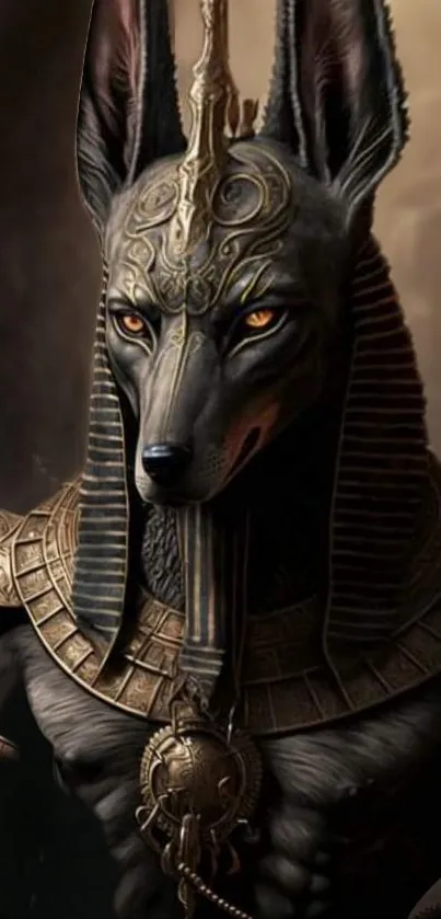 Anubis statue artwork with intricate details and dark tones.