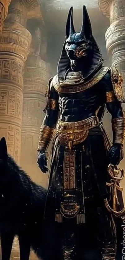 Egyptian deity and black canine in ancient temple.