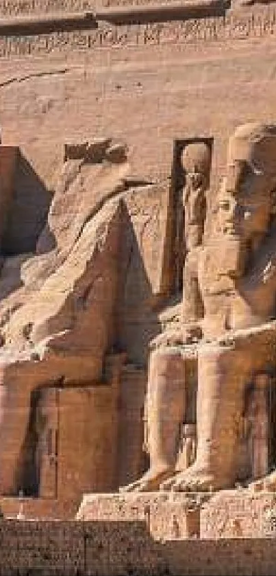 Ancient Egyptian statues carved into sandstone cliffs with desert background.